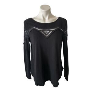 Free People Womens Thermal Top Waffle Knit Crochet Size S Black Boho Festival